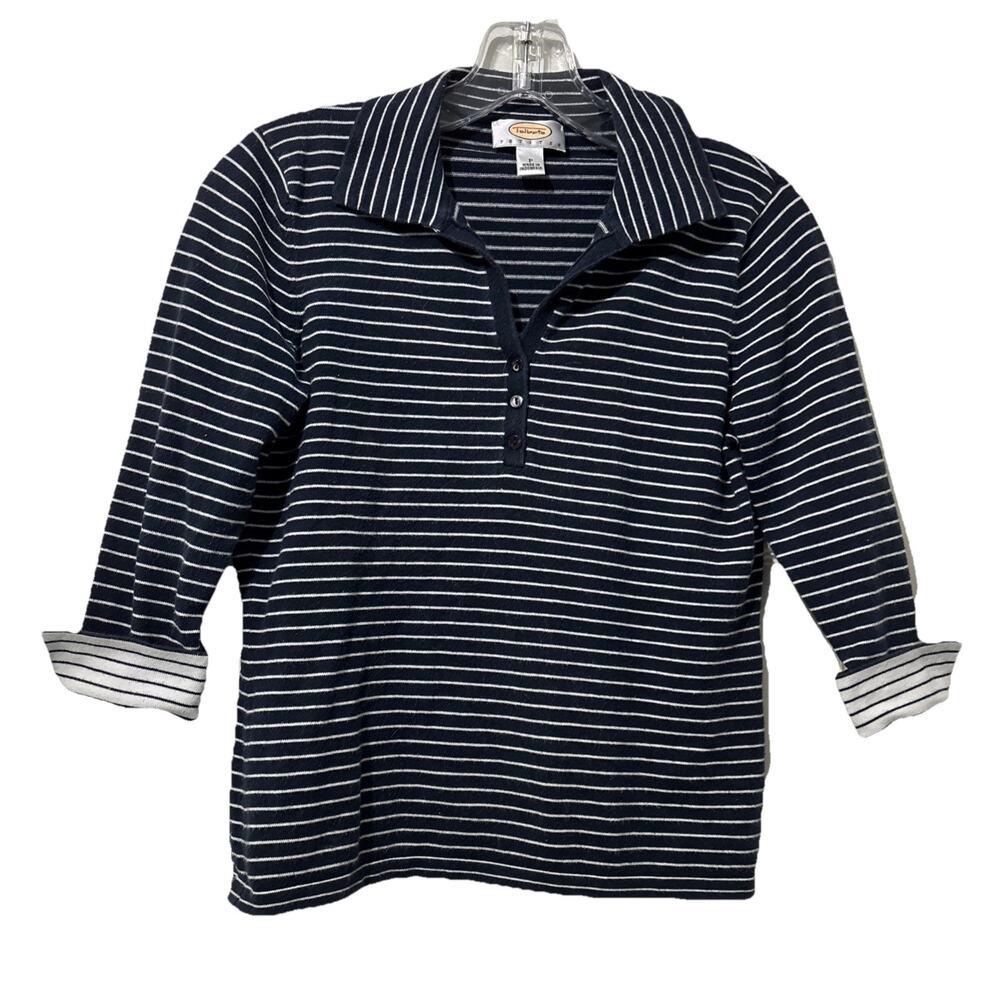 Talbots Petites Tunic Top 3/4 Sleeve Pullover 1/2 Button Blue White Size P/XS
